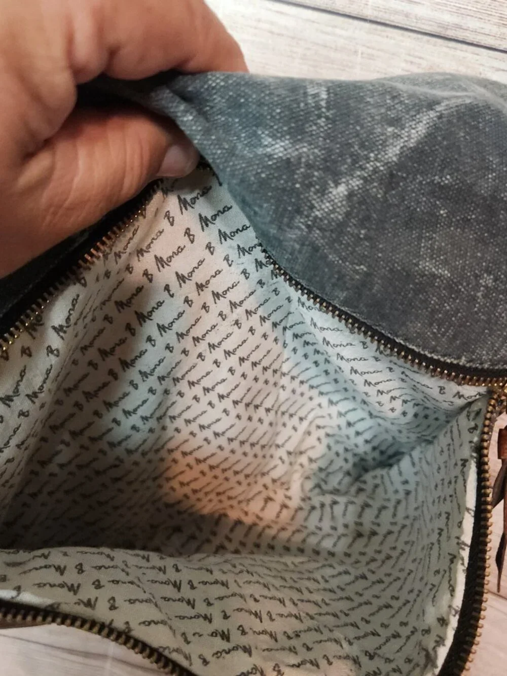 Mona B Denim & Gold Look Canvas Upcycled Drama Queen Foldover Crossbody Bag